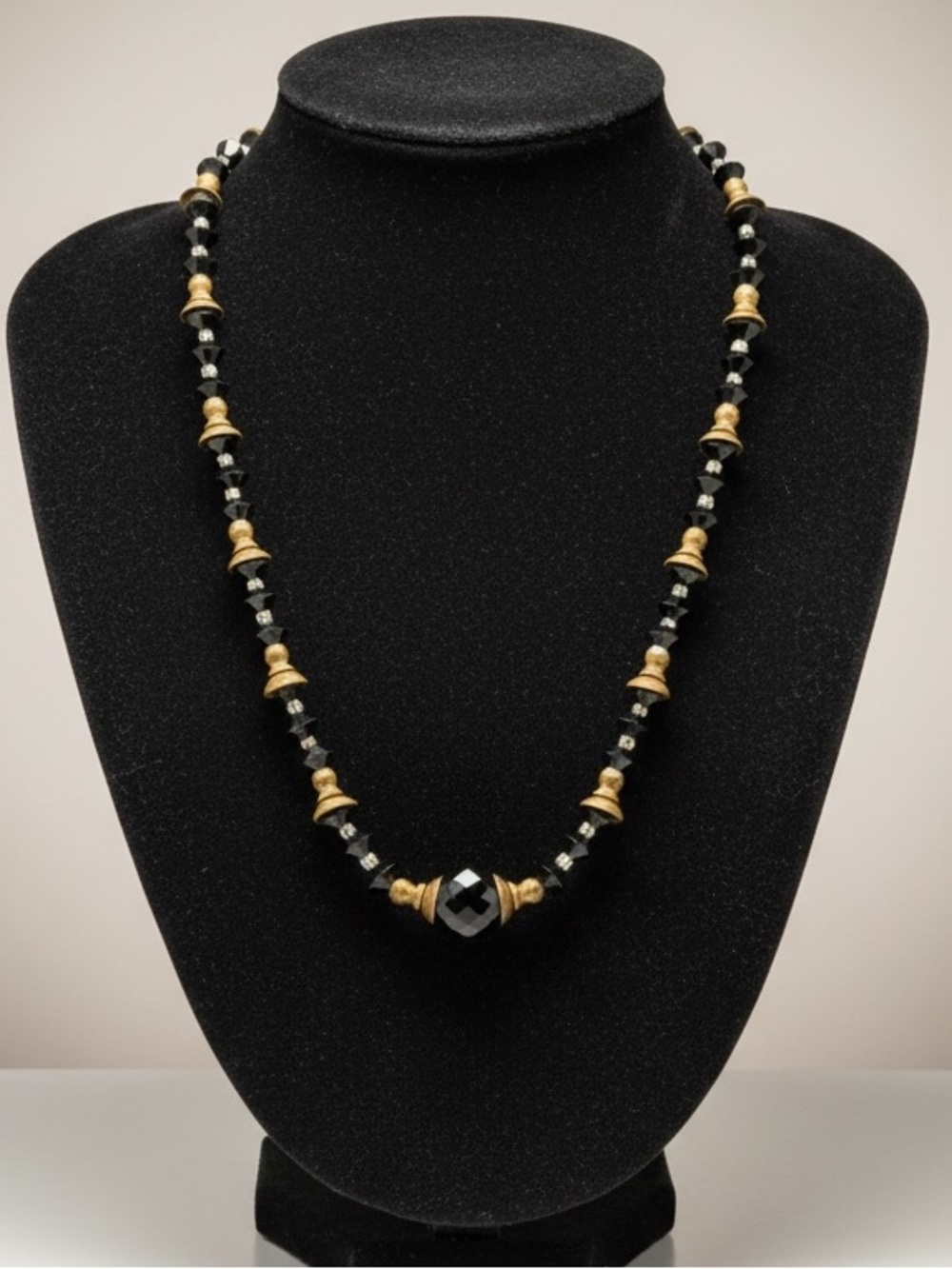 Vintage Art Deco Czech Black Faceted Glass Bead Necklace Brass Rondelle Spacers